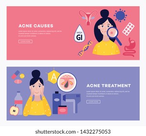 Set of two posters or banners showing the causes and methods of treating acne and pimples flat cartoon vector illustration. Healthy lifestyle and facial care concept.