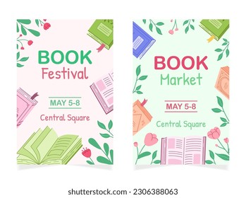 Set of two posters with books to advertise a literary market or festival. Templates with books and flowers for book advertising, bookstore sale. Hand drawn vector illustration.