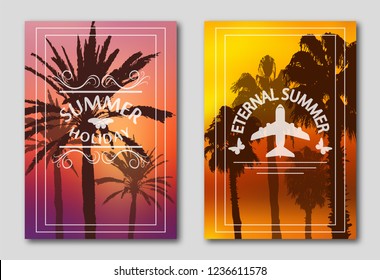 Set of two posters, silhouettes of palm trees against the sky. Invitation leaflet for tourists and travelers. Logo from the plane and butterflies. 10 eps