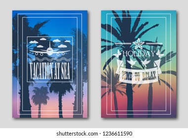 Set of two posters, silhouettes of palm trees against the sky. Invitation leaflet for tourists and travelers. Logo from the plane, clouds, butterflies, flowers and pigeons. 10 eps