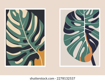 Set of two posters with tropical monstera leaves. Vector illustration. wall art print poster