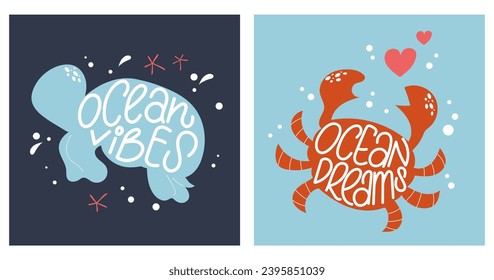 Conjunto de dos afiches con silueta de tortuga y cangrejo. Cifras escritas a mano de Ocean vibes, sueños oceánicos. diseño vectorial dibujado a mano.