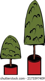 Set of Two Potted Shubbery Plants Vector Illustration Isolated over White. Red Pots with Green Plants