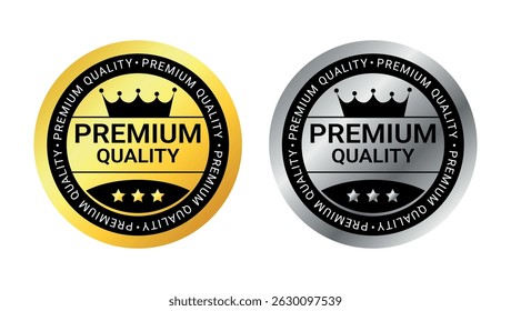 Set of two premium quality badges in gold and silver with crown and stars, used for trusted products and top features