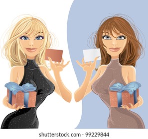 Set of two pretty young girl with card and gift