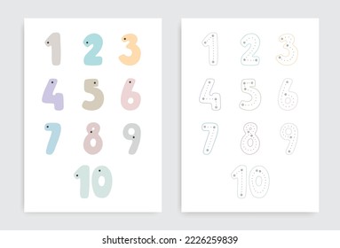 Set of two printable paper poster preschool worksheet with childish cartoon comic numbers and dots in warm pastel earth colors for kindergarten, classroom, nursery to teach children