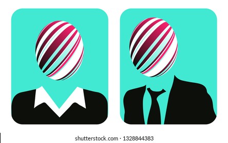 set of two profile avatars with floating abstract head in blue shades