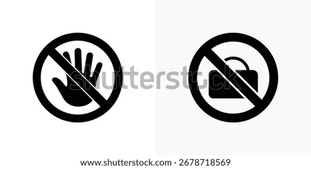 Set of two prohibition sign vectors on white background. Black images show a hand and luggage icon crossed out within a circle.