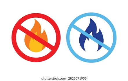 Set of two prohibition signs, one with a red flame and one with a blue flame, crossed out with a diagonal line, isolated on white background.