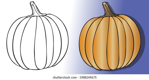 A set of two pumpkins in black and white and colored on a blue background. Vector illustration