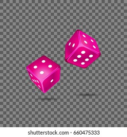 Set of two purple dice rolling on transparent background. Vector illustration