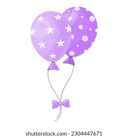 Set of two purple violet balloons with stars and circles, watercolor effect, isolated on white background, vector illustration