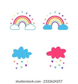 Set with two rainbows and clouds in iridescent colors, lgbt colors, multicolored. Boho rainbows isolated on white background. Flat vector illustration. Сolorful rain, lgbtq rain. Lgbt flag color.