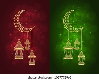 Set of two ramadan greeting cards on red and green backgrounds. Vector illustration.
