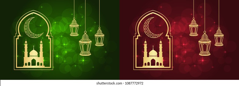 Set of two ramadan greeting cards on red and green backgrounds. Vector illustration.