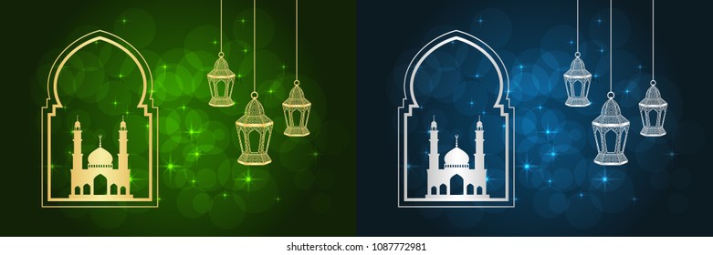 Set of two ramadan greeting cards on green and blue backgrounds. Vector illustration.