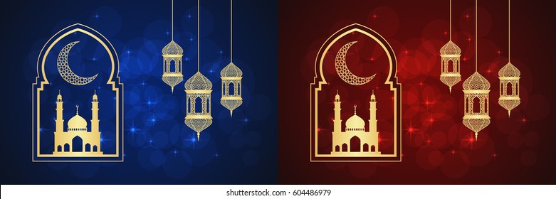 Set of two Ramadan greeting cards on blue and red backgrounds.