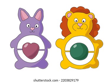 Conjunto de dos rattles en forma de conejito de lila y león amarillo. Ilustración vectorial en fondo blanco