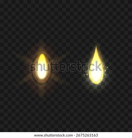 A set of two realistic, brightly glowing flames. These isolated fire elements with lens flare effects are perfect for candles, torches or any design needing a light source.