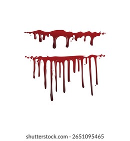 Set of two realistic dripping blood elements. Isolated vector illustration of red liquid drips and splatters on a white background for horror or Halloween design.