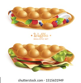 Set with two realistic images of bubble hong kong waffles sandwiches on blank background with text vector illustration