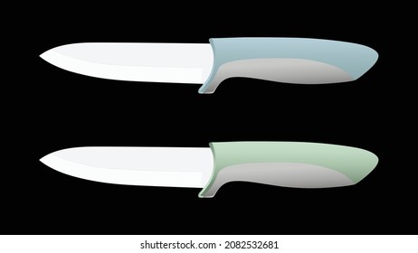 set of two realistic kitchen knives isolated on black, chef knives, Cutlery icon set, colourful knives, Vector illustration