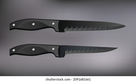 set of two realistic kitchen knives isolated on black, chef knives, Cutlery icon set, colourful knives, Vector illustration
