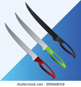 set of two realistic kitchen knives isolated on white and blue background, Vector illustration, chef knife, Cutlery icon set