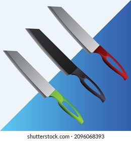 set of two realistic kitchen knives isolated on white and blue background, Vector illustration, chef knife, Cutlery icon set