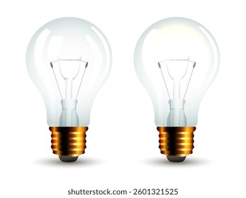 Set of two realistic light bulbs with gold base, one light bulb on and one light bulb off