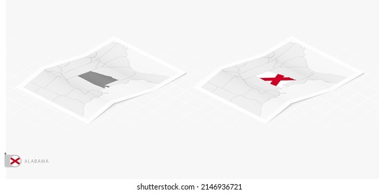 Set of two realistic map of Alabama with shadow. The flag and map of Alabama in isometric style. Vector template.