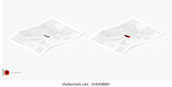 Set of two realistic map of Albania with shadow. The flag and map of Albania in isometric style. Vector template.