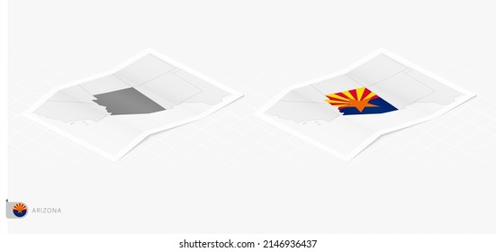 Set of two realistic map of Arizona with shadow. The flag and map of Arizona in isometric style. Vector template.
