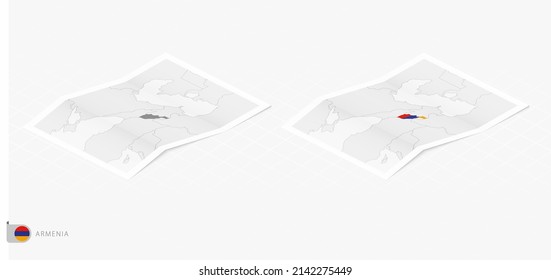 Set of two realistic map of Armenia with shadow. The flag and map of Armenia in isometric style. Vector template.