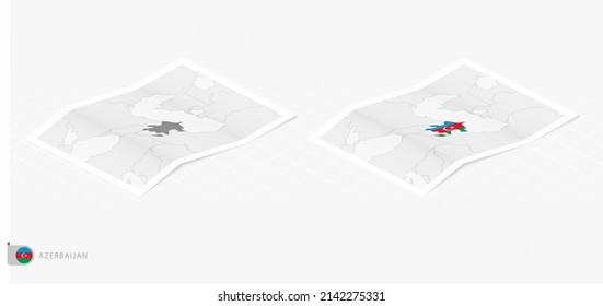 Set of two realistic map of Azerbaijan with shadow. The flag and map of Azerbaijan in isometric style. Vector template.