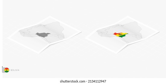Set of two realistic map of Bolivia with shadow. The flag and map of Bolivia in isometric style. Vector template.