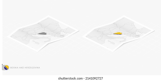 Conjunto de dos mapas realistas de Bosnia y Herzegovina con sombra. La bandera y el mapa de Bosnia y Herzegovina en estilo isométrico. Plantilla de vectores.