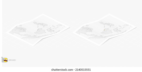 Set of two realistic map of Brunei with shadow. The flag and map of Brunei in isometric style. Vector template.