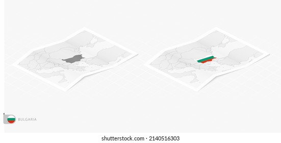Conjunto de dos mapas realistas de Bulgaria con sombra. La bandera y mapa de Bulgaria en estilo isométrico. Plantilla de vectores.