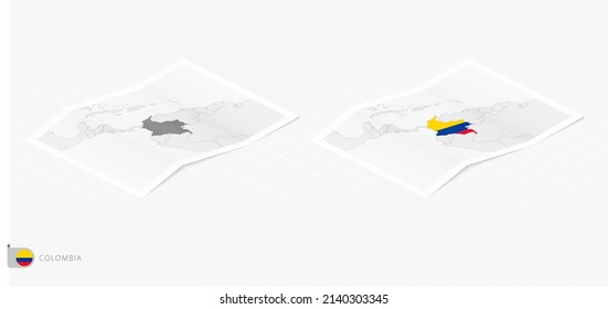 Set of two realistic map of Colombia with shadow. The flag and map of Colombia in isometric style. Vector template.