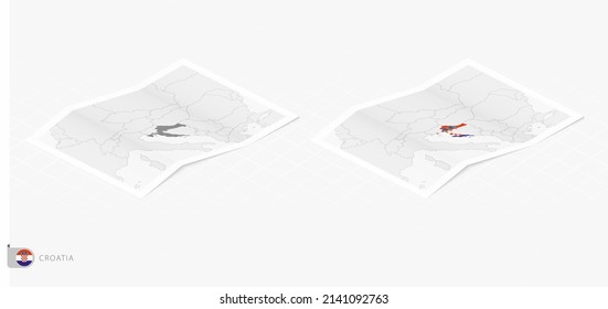 Set of two realistic map of Croatia with shadow. The flag and map of Croatia in isometric style. Vector template.