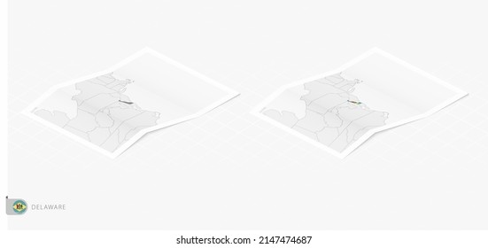 Set of two realistic map of Delaware with shadow. The flag and map of Delaware in isometric style. Vector template.