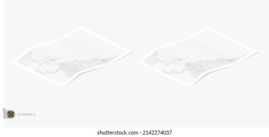 Set of two realistic map of Dominica with shadow. The flag and map of Dominica in isometric style. Vector template.