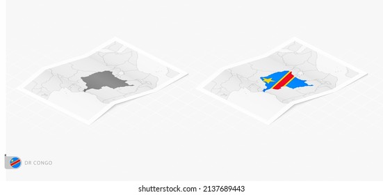 Set of two realistic map of DR Congo with shadow. The flag and map of DR Congo in isometric style. Vector template.