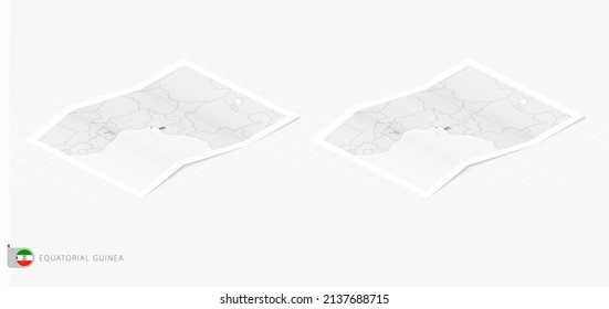 Set of two realistic map of Equatorial Guinea with shadow. The flag and map of Equatorial Guinea in isometric style. Vector template.
