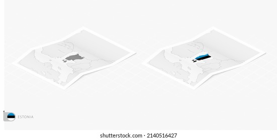 Set of two realistic map of Estonia with shadow. The flag and map of Estonia in isometric style. Vector template.
