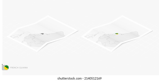 Set of two realistic map of French Guiana with shadow. The flag and map of French Guiana in isometric style. Vector template.