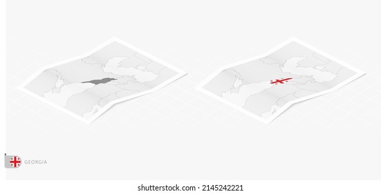 Conjunto de dos mapas realistas de Georgia con sombra. La bandera y el mapa de Georgia en estilo isométrico. Plantilla de vectores.