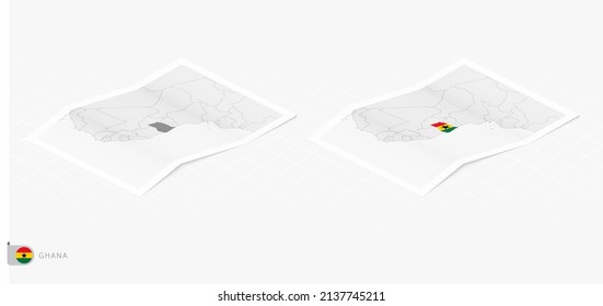 Conjunto de dos mapas realistas de Ghana con sombra. La bandera y el mapa de Ghana en estilo isométrico. Plantilla de vectores.