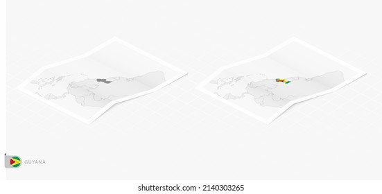 Set of two realistic map of Guyana with shadow. The flag and map of Guyana in isometric style. Vector template.